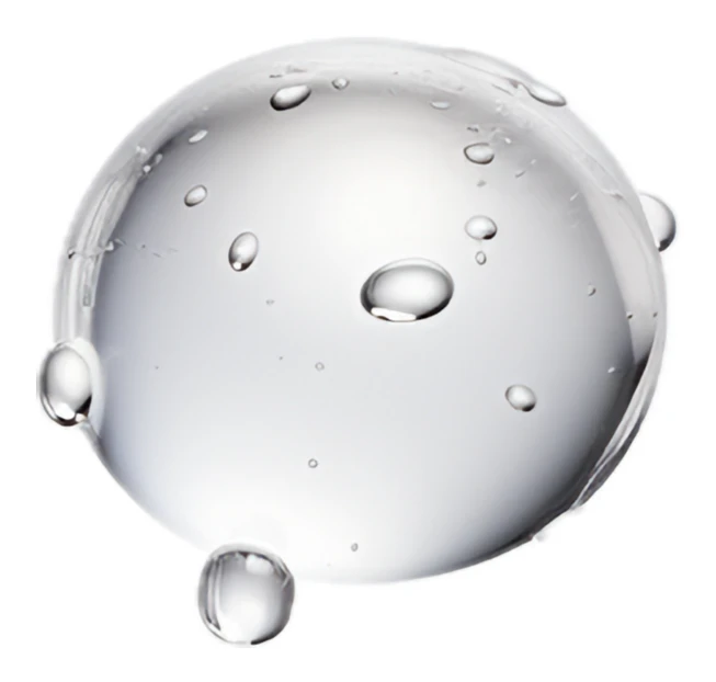 Large clear liquid droplet with bubbles on white background