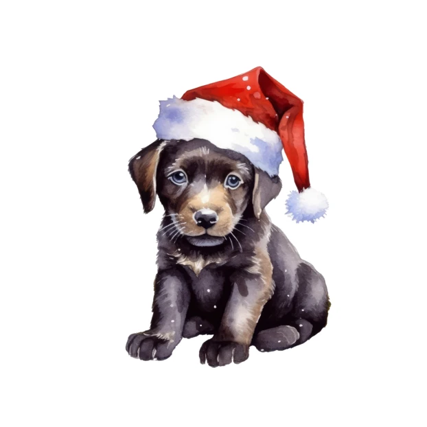 Watercolor illustration of a black puppy wearing a Santa hat