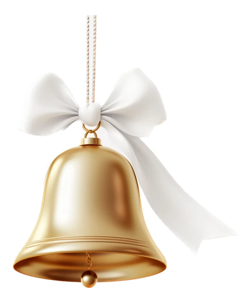 Golden bell with white ribbon bow isolated on white