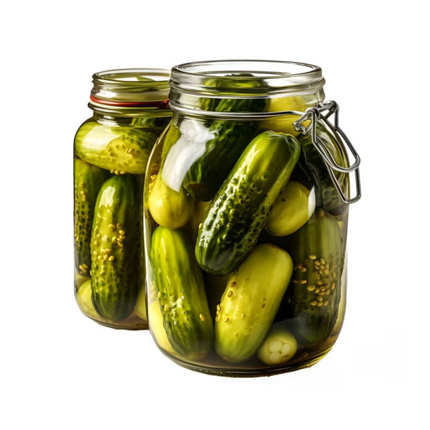 Two glass jars of pickled cucumbers isolated on white background