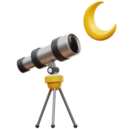 Telescope Targeting Crescent Moon in Space 3D