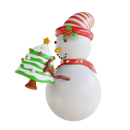 3D snowman character holding small Christmas tree on white background