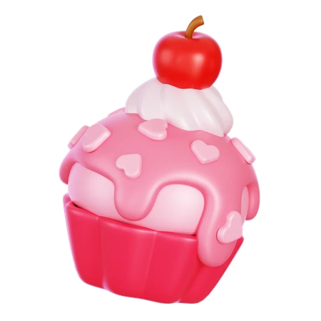3D rendered pink cupcake with hearts and a cherry top