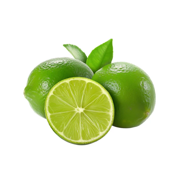 Fresh whole and sliced limes with leaves on white background