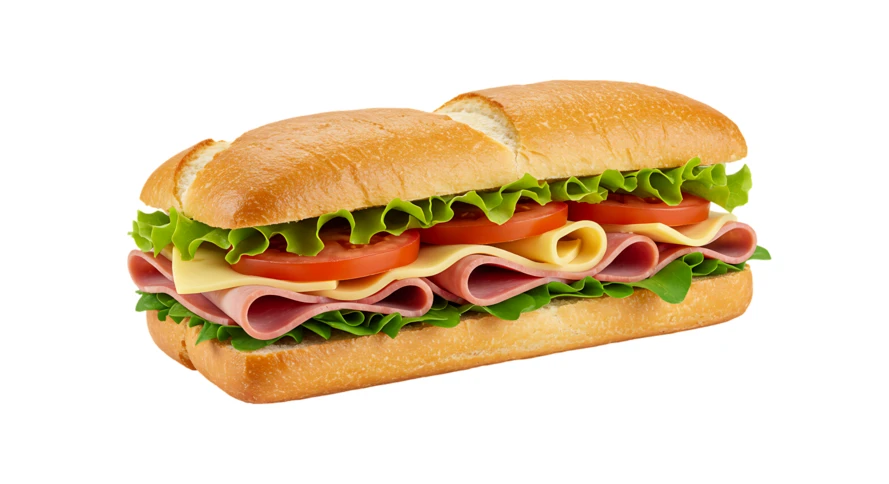 Fresh ham and cheese baguette sandwich with lettuce and tomato