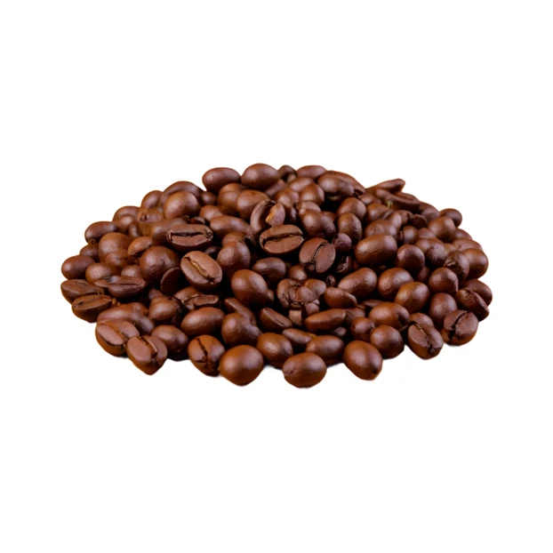 Pile of roasted coffee beans isolated on white background
