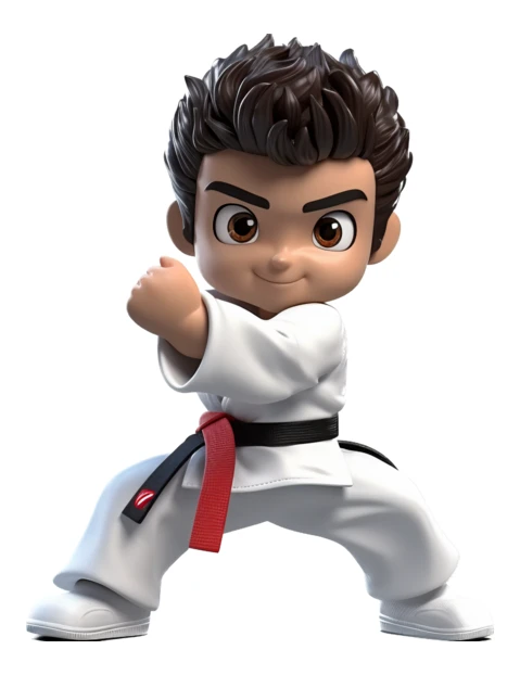 3D cartoon boy in karate gi performing martial arts pose