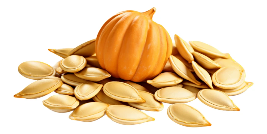 Small orange pumpkin on a pile of pumpkin seeds