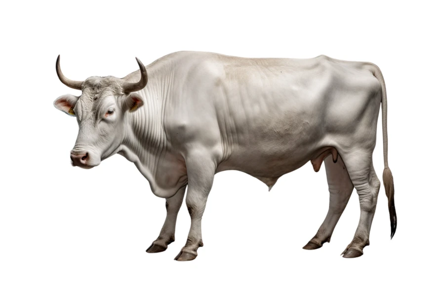 White Chianina bull with large horns isolated on white