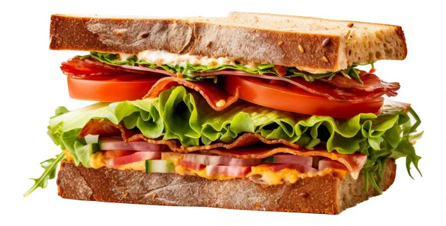 Fresh multi-layer deli sandwich on whole grain bread isolated