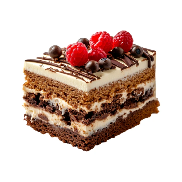 Layered chocolate cake slice with fresh raspberries and cream