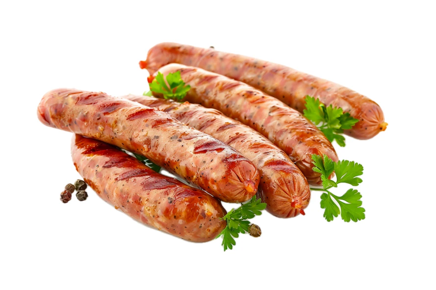 Grilled sausages with parsley and peppercorns on white background