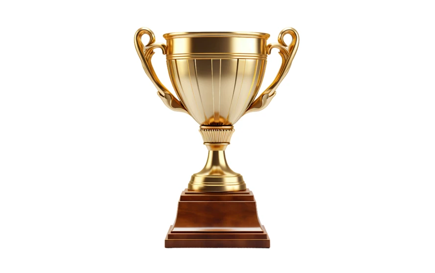 Shiny golden trophy award on wooden base