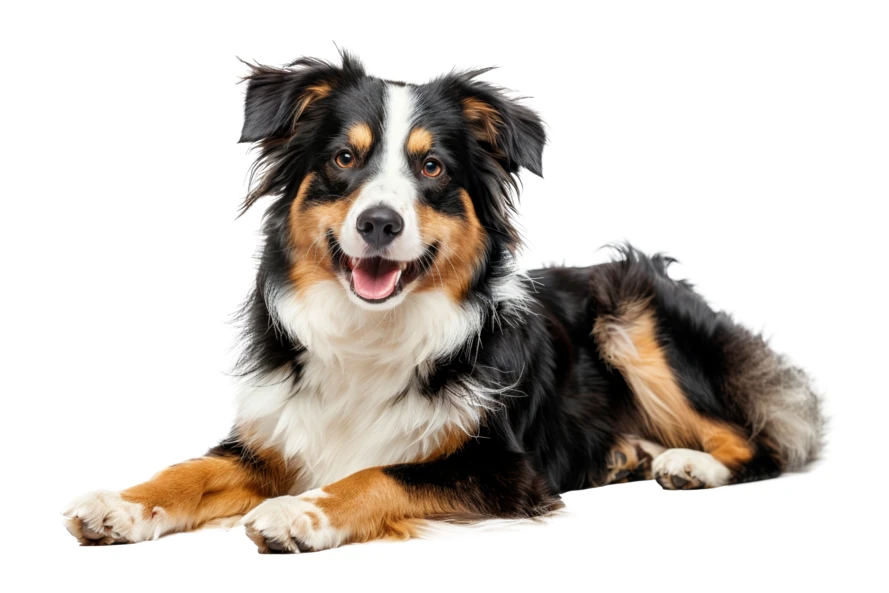 Australian Shepherd dog lying down on a white background