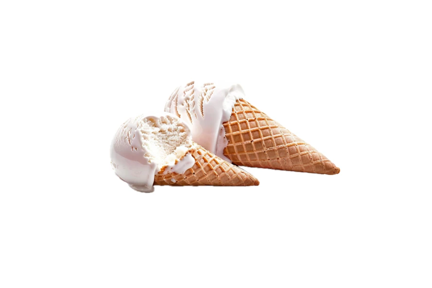 Two vanilla ice cream waffle cones on white background