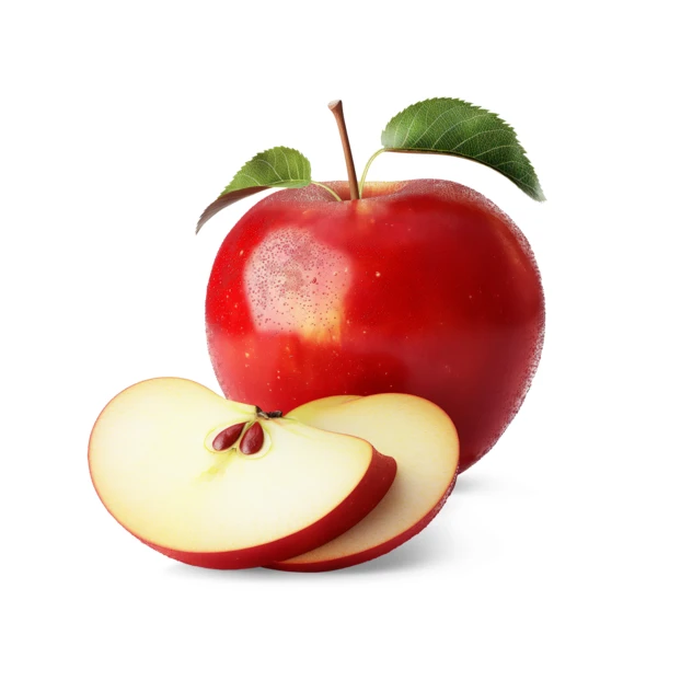 Whole red apple with slices isolated on white background