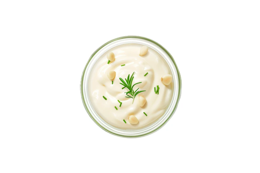 Top view of creamy white dip with herbs and nuts