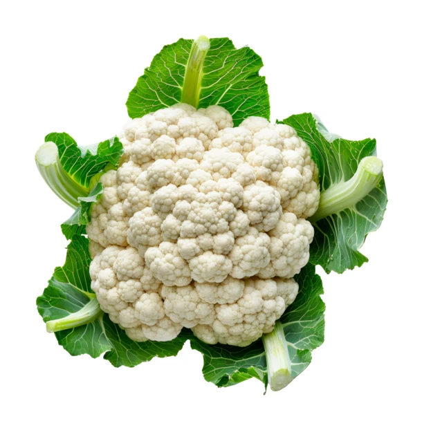Fresh whole cauliflower with green leaves isolated on white