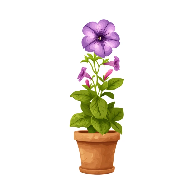 Potted purple petunia plant with green leaves illustration