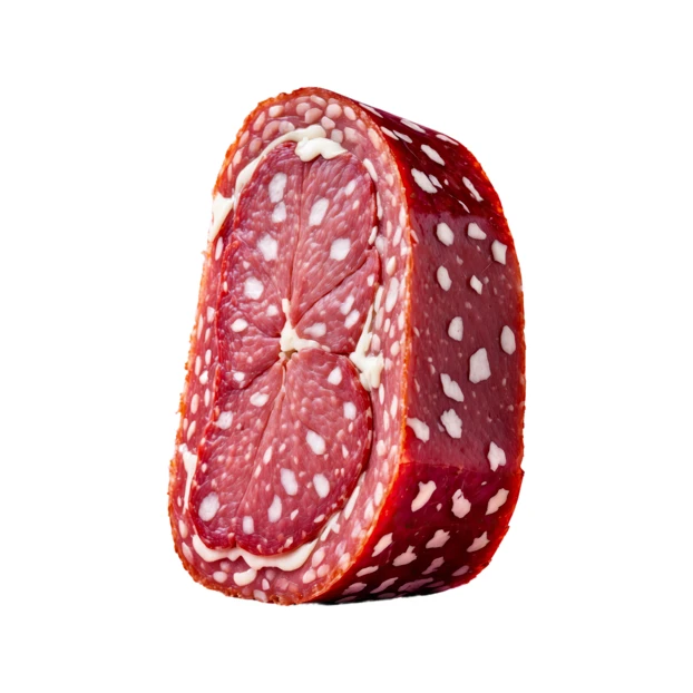 A single slice of dry cured salami on white background