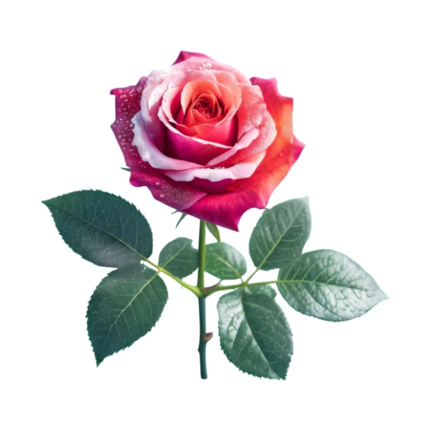 Single pink rose with water droplets isolated on white