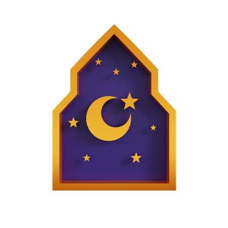 3D Islamic arch icon with crescent moon and stars