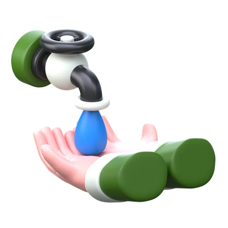 3D illustration of water drop falling from tap into hands