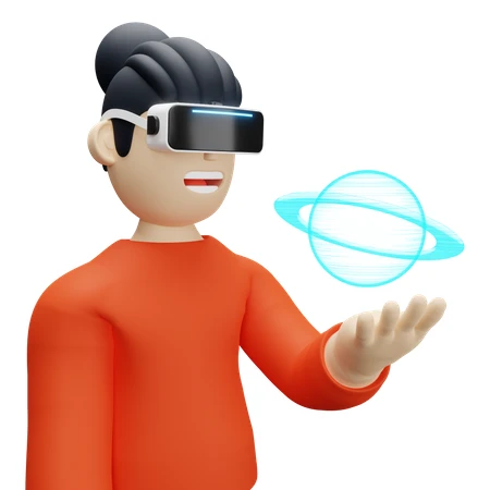 3D character wearing VR headset interacting with a holographic planet