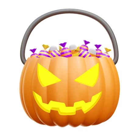 3D pumpkin bucket filled with Halloween candy on white background