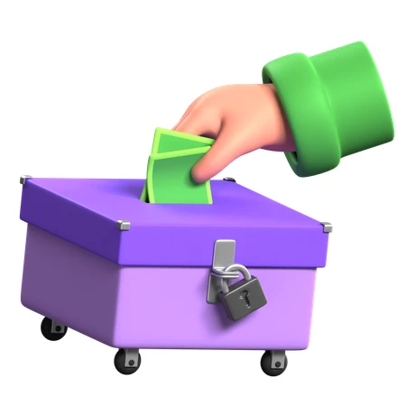 3D illustration of hand putting money in locked donation box