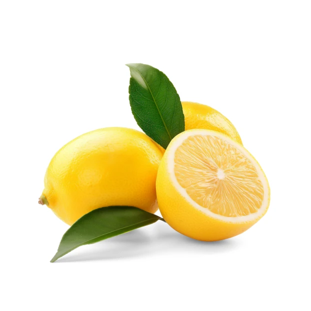 Fresh whole and halved lemons with leaves on white background