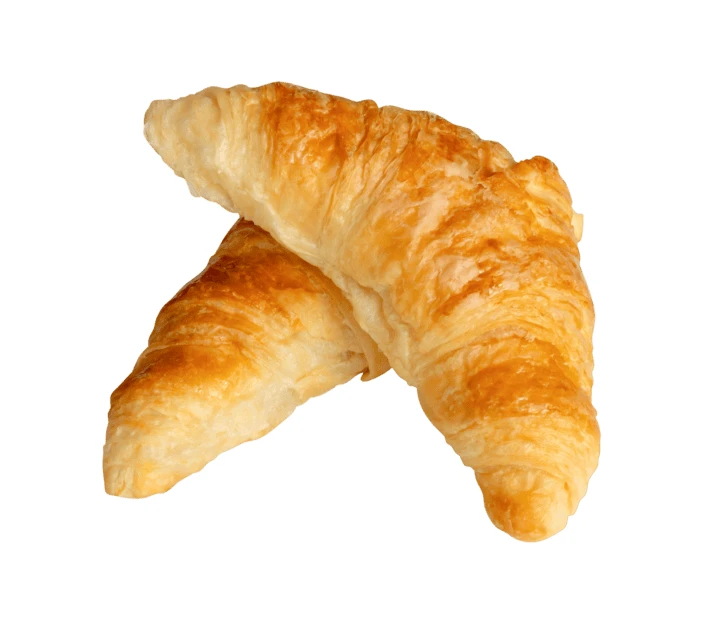 Two golden brown buttery croissants isolated on white background