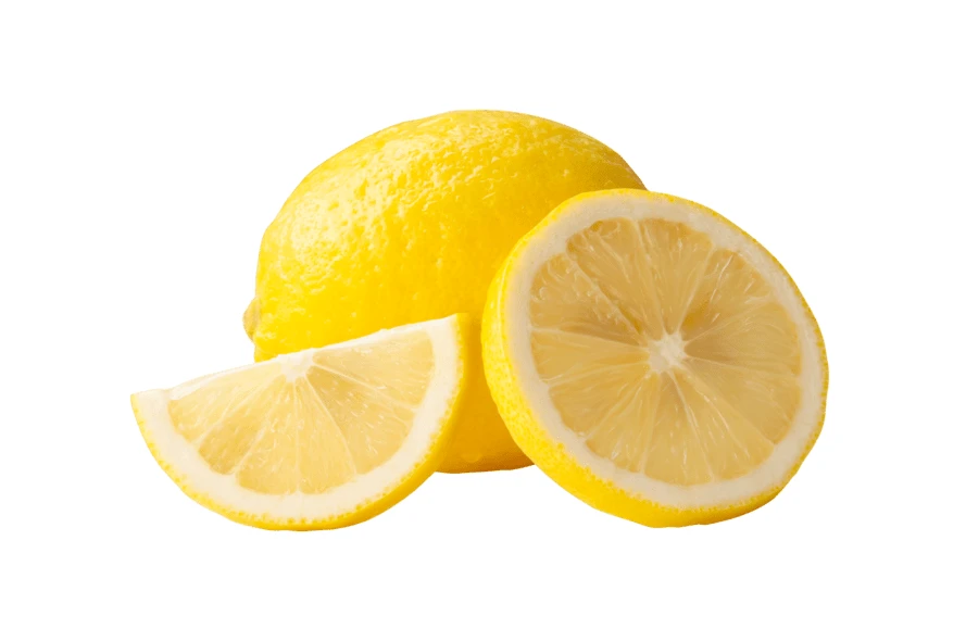 Whole lemon with half and slice on white background