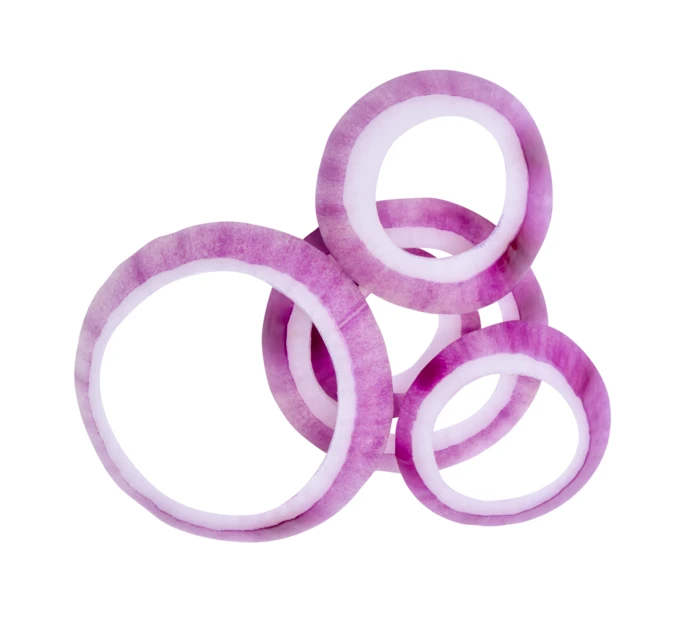 Sliced red onion rings isolated on white background