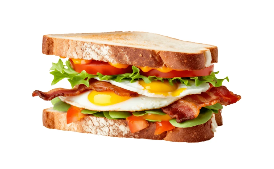Breakfast sandwich with fried eggs, bacon, lettuce, and tomato