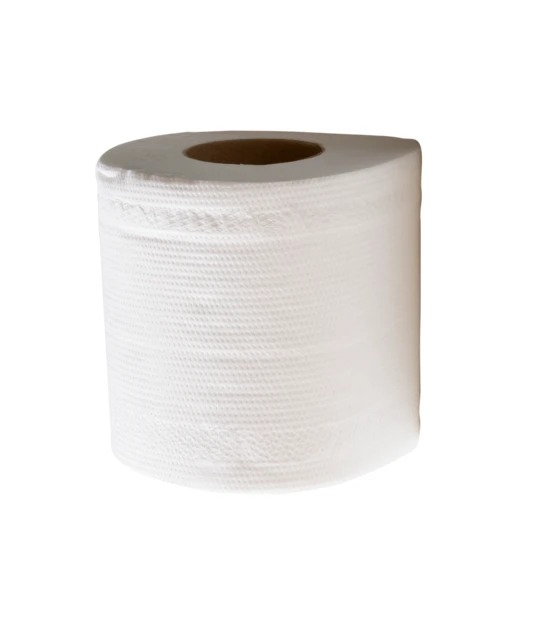 Single roll of white toilet paper on white background