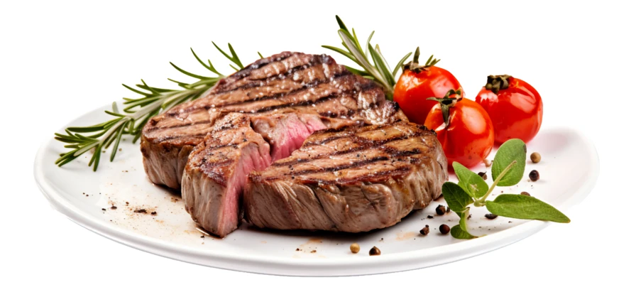 Grilled beef steak with rosemary and tomatoes on white plate