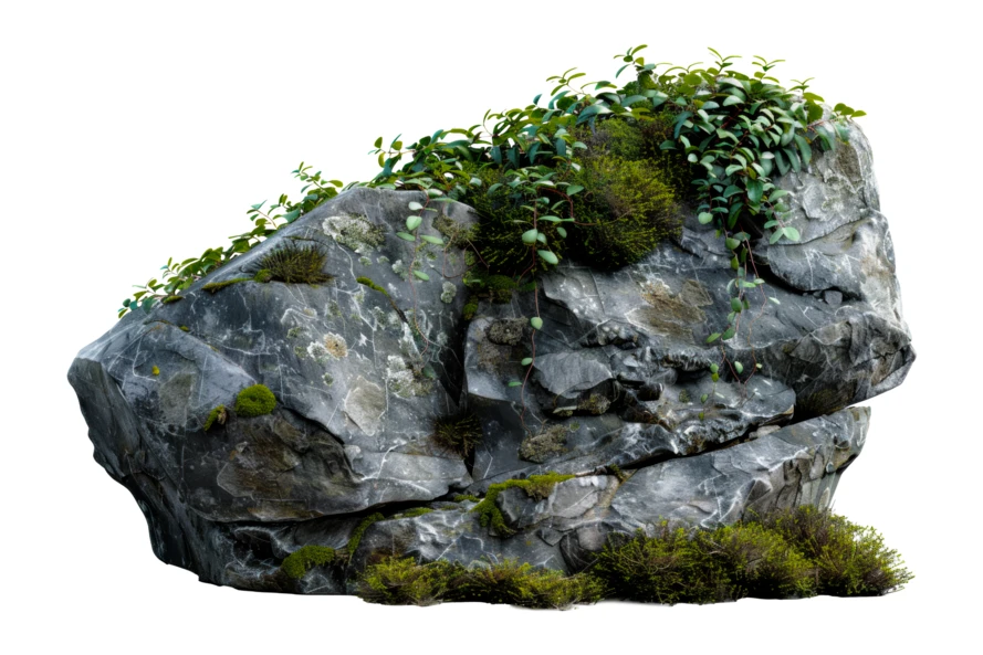 Large mossy rock with green plants isolated on white