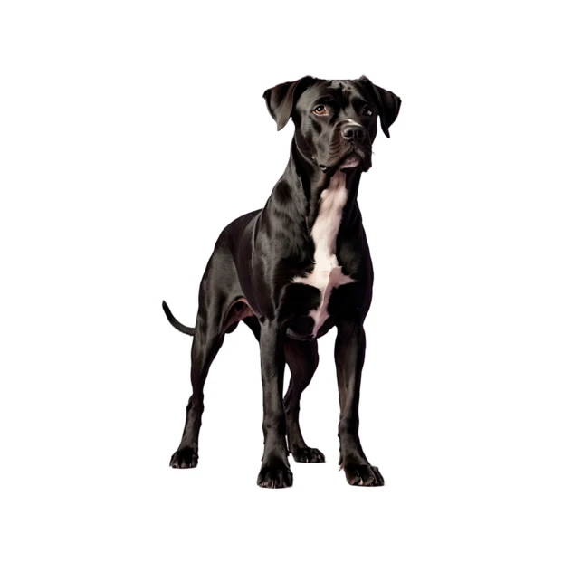 Large black dog with white chest standing on white background