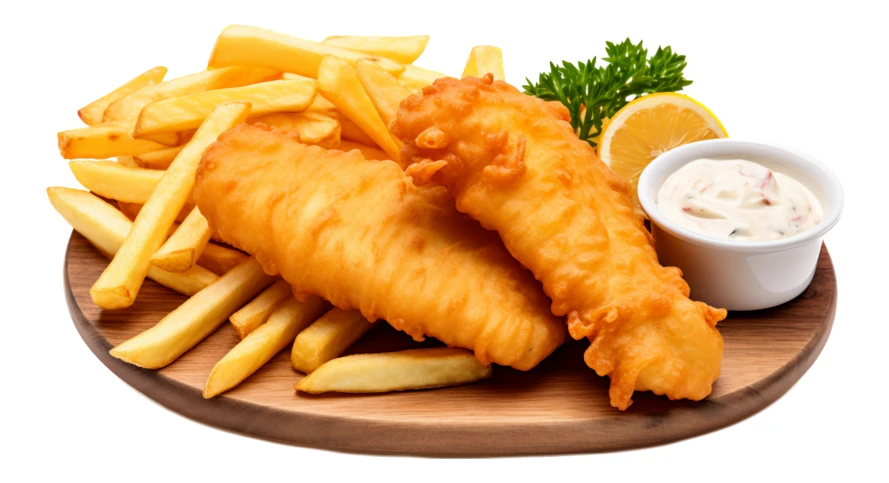 Traditional beer battered fish and chips with tartar sauce