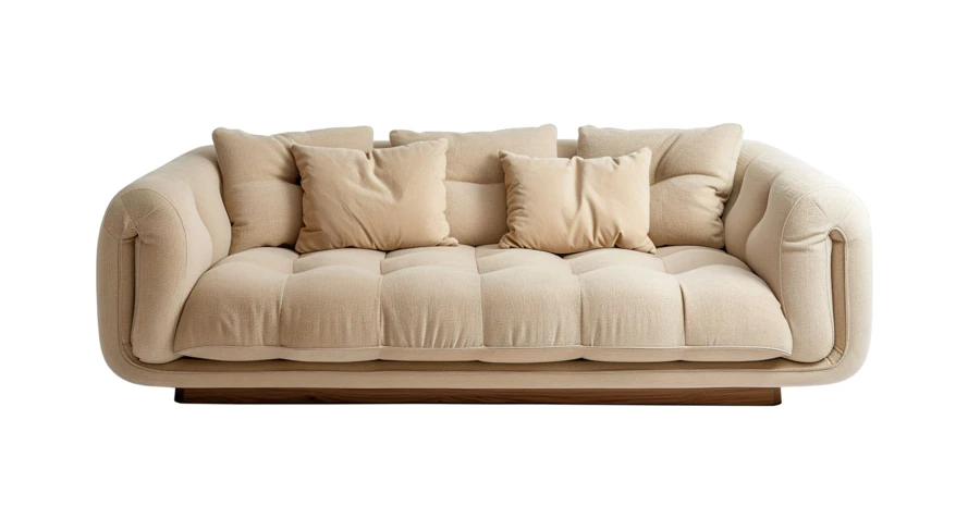 Modern plush cream tufted sofa isolated on white background