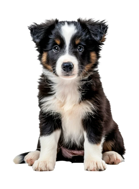 Cute Australian Shepherd puppy sitting on a white background