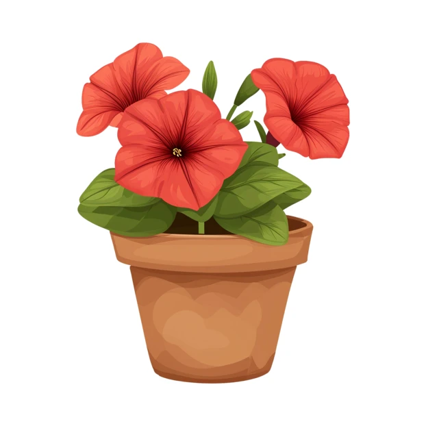 Illustration of red petunia flowers in a terracotta pot