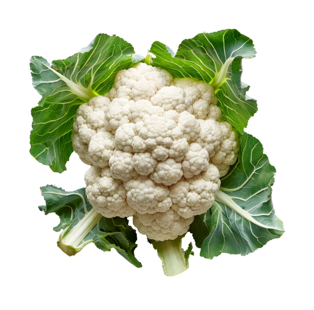 Fresh whole cauliflower with green leaves isolated on white