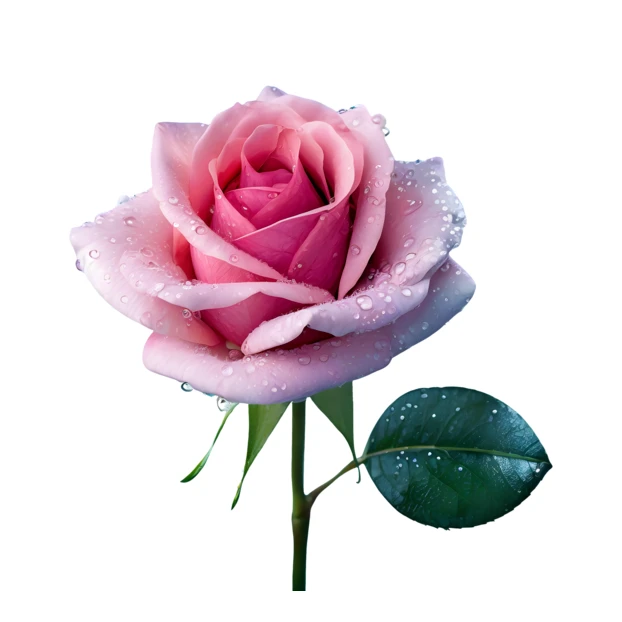 Single pink rose with water droplets isolated on white