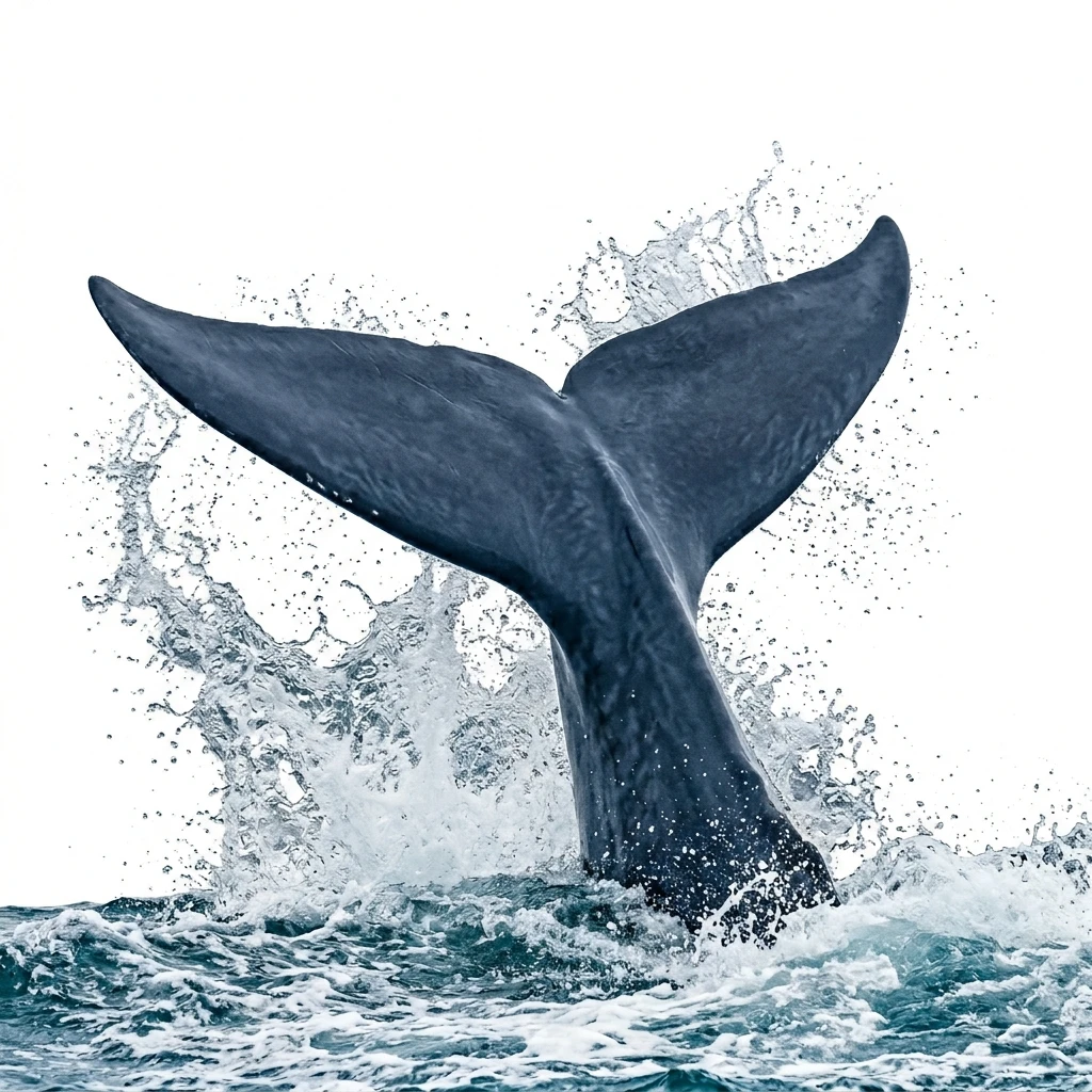 Whale tail fluke splashing in ocean water isolated on white