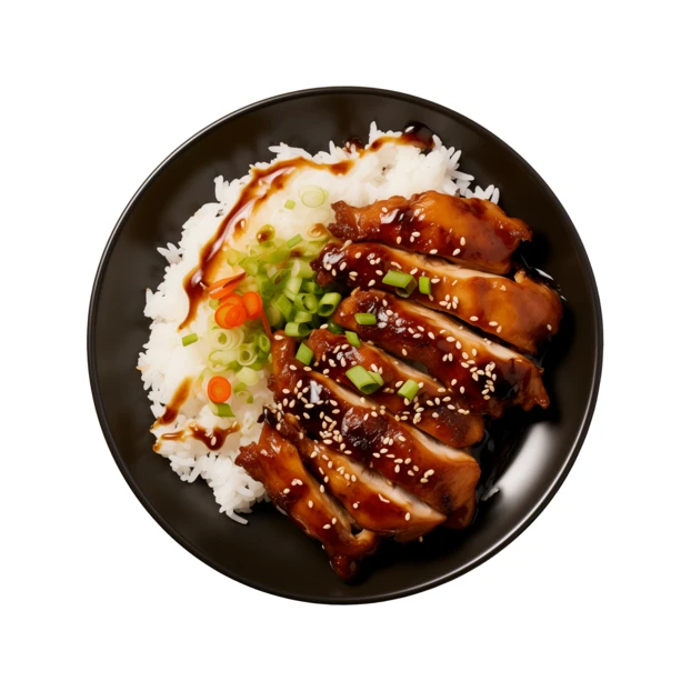 Grilled chicken teriyaki with white rice in black bowl