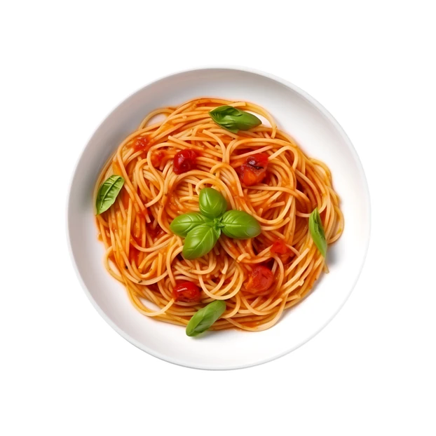Top view of spaghetti with tomato sauce and fresh basil