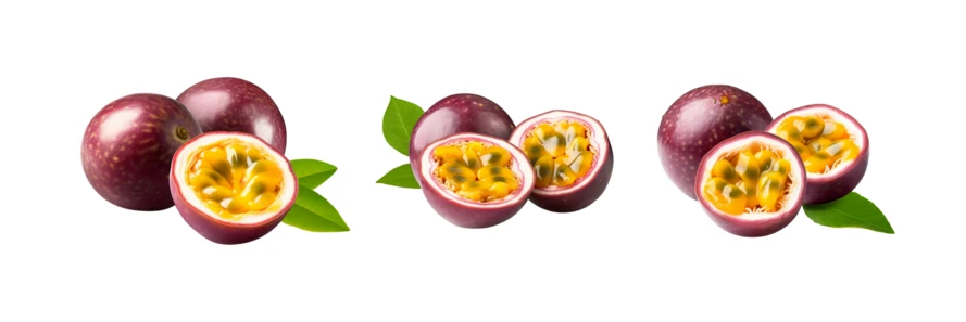 Fresh whole and halved passion fruit isolated on white background