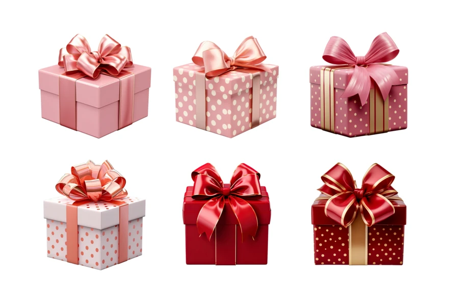 Selection of pink and red gift boxes on white background